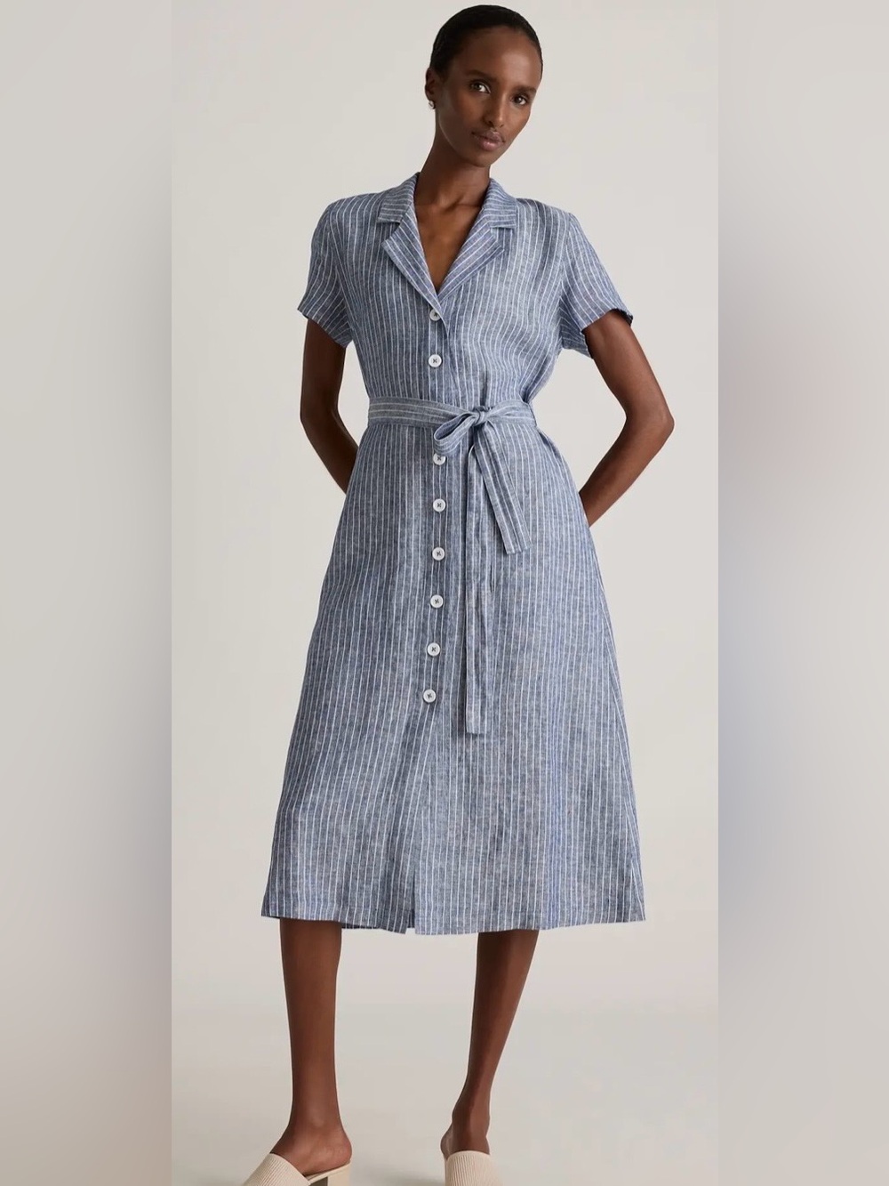 Quince 100% European Linen Button Front Midi Dress Blue Chambray Stripe Medium